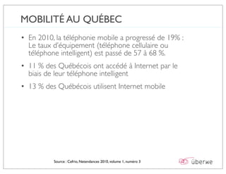 MOBILITÉ AU QUÉBEC
• En 2010, la téléphonie mobile a progressé de 19% :
  Le taux d’équipement (téléphone cellulaire ou
  téléphone intelligent) est passé de 57 à 68 %.
• 11 % des Québécois ont accédé à Internet par le
  biais de leur téléphone intelligent
• 13 % des Québécois utilisent Internet mobile




          Source : Cefrio, Netendances 2010, volume 1, numéro 3
 