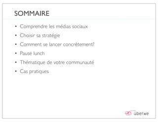 SOMMAIRE
• Comprendre les médias sociaux
• Choisir sa stratégie
• Comment se lancer concrètement?
• Pause lunch
• Thématique de votre communauté
• Cas pratiques
 