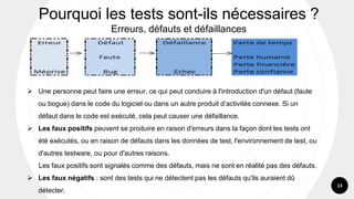 13
Pourquoi les tests sont-ils nécessaires ?
Erreurs, défauts et défaillances
➢ Une personne peut faire une erreur, ce qui peut conduire à l'introduction d'un défaut (faute
ou bogue) dans le code du logiciel ou dans un autre produit d’activités connexe. Si un
défaut dans le code est exécuté, cela peut causer une défaillance.
➢ Les faux positifs peuvent se produire en raison d'erreurs dans la façon dont les tests ont
été exécutés, ou en raison de défauts dans les données de test, l'environnement de test, ou
d'autres testware, ou pour d'autres raisons.
Les faux positifs sont signalés comme des défauts, mais ne sont en réalité pas des défauts.
➢ Les faux négatifs : sont des tests qui ne détectent pas les défauts qu'ils auraient dû
détecter.
 