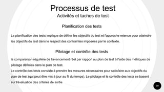 19
Planification des tests
La planification des tests implique de définir les objectifs du test et l'approche retenue pour atteindre
les objectifs du test dans le respect des contraintes imposées par le contexte.
Pilotage et contrôle des tests
la comparaison régulière de l’avancement réel par rapport au plan de test à l'aide des métriques de
pilotage définies dans le plan de test.
Le contrôle des tests consiste à prendre les mesures nécessaires pour satisfaire aux objectifs du
plan de test (qui peut être mis à jour au fil du temps). Le pilotage et le contrôle des tests se basent
sur l'évaluation des critères de sortie
Processus de test
Activités et taches de test
 