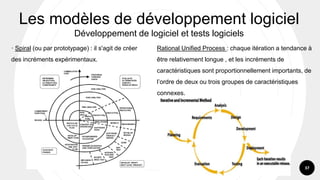 37
Les modèles de développement logiciel
Développement de logiciel et tests logiciels
Rational Unified Process : chaque itération a tendance à
être relativement longue , et les incréments de
caractéristiques sont proportionnellement importants, de
l’ordre de deux ou trois groupes de caractéristiques
connexes.
· Spiral (ou par prototypage) : il s'agit de créer
des incréments expérimentaux.
 
