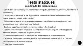 60
· Défauts dans les exigences (p. ex. incohérences, ambiguïtés, contradictions, omissions,inexactitudes et
redondances)
· Défauts dans la conception (p. ex. algorithmes ou structures de base de données inefficaces,
taux de dépendance élevé, faible cohésion)
· Défauts dans le code (p. ex. variables avec des valeurs non définies, variables déclarées mais
jamais utilisées, code inatteignable, code dupliqué)
· Ecarts par rapport aux normes (p. ex. non-respect des règles de codage)
· Spécifications d'interface incorrectes (p. ex. unités de mesure utilisées par le système appelant
différentes de celles utilisées par le système appelé)
· Vulnérabilités de sécurité (p. ex. sensibilité aux débordements de la mémoire tampon)
· Lacunes ou inexactitudes dans la traçabilité ou la couverture des bases de test (p. ex., des tests
manquants pour un critère d'acceptation)
** Code mort : code inatteignable
Tests statiques
Les défauts des tests statiques
 