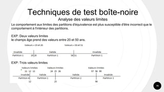 74
Le comportement aux limites des partitions d'équivalence est plus susceptible d'être incorrect que le
comportement à l'intérieur des partitions.
EXP: Deux valeurs limites
le champs âge prend des valeurs entre 20 et 50 ans.
EXP: Trois valeurs limites
Techniques de test boîte-noire
Analyse des valeurs limites
 