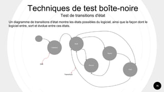 76
Techniques de test boîte-noire
Test de transitions d'état
Un diagramme de transitions d'état montre les états possibles du logiciel, ainsi que la façon dont le
logiciel entre, sort et évolue entre ces états.
 