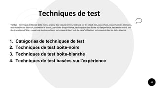 69
Techniques de test
Termes : technique de test de boîte-noire, analyse des valeurs limites, test basé sur les check-list...
