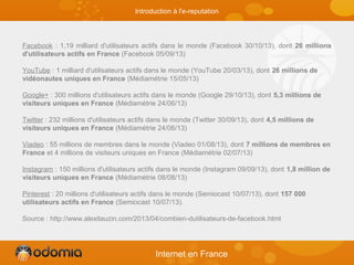 Facebook : 1,19 milliard d'utilisateurs actifs dans le monde (Facebook 30/10/13), dont 26 millions
d'utilisateurs actifs en France (Facebook 05/09/13)
YouTube : 1 milliard d'utilisateurs actifs dans le monde (YouTube 20/03/13), dont 26 millions de
vidéonautes uniques en France (Médiamétrie 15/05/13)
Google+ : 300 millions d'utilisateurs actifs dans le monde (Google 29/10/13), dont 5,3 millions de
visiteurs uniques en France (Médiamétrie 24/06/13)
Twitter : 232 millions d'utilisateurs actifs dans le monde (Twitter 30/09/13), dont 4,5 millions de
visiteurs uniques en France (Médiamétrie 24/06/13)
Viadeo : 55 millions de membres dans le monde (Viadeo 01/08/13), dont 7 millions de membres en
France et 4 millions de visiteurs uniques en France (Médiamétrie 02/07/13)
Instagram : 150 millions d'utilisateurs actifs dans le monde (Instagram 09/09/13), dont 1,8 million de
visiteurs uniques en France (Médiamétrie 08/08/13)
Pinterest : 20 millions d'utilisateurs actifs dans le monde (Semiocast 10/07/13), dont 157 000
utilisateurs actifs en France (Semiocast 10/07/13).
Source : http://www.alexitauzin.com/2013/04/combien-dutilisateurs-de-facebook.html
Internet en France
Introduction à l'e-reputation
 
