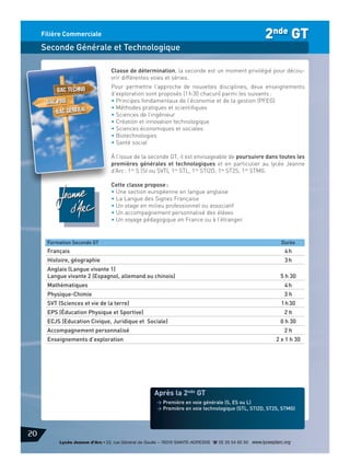 2nde GT

Filière Commerciale

Seconde Générale et Technologique
Classe de détermination, la seconde est un moment privilégié pour découvrir différentes voies et séries.
Pour permettre l’approche de nouvelles disciplines, deux enseignements
d’exploration sont proposés (1 h 30 chacun) parmi les suivants :
• Principes fondamentaux de l’économie et de la gestion (PFEG)
• Méthodes pratiques et scientifiques
• Sciences de l’ingénieur
• Création et innovation technologique
• Sciences économiques et sociales
• Biotechnologies
• Santé social
À l’issue de la seconde GT, il est envisageable de poursuivre dans toutes les
premières générales et technologiques et en particulier au lycée Jeanne
d’Arc : 1re S (SI ou SVT), 1re STL, 1re STI2D, 1re ST2S, 1re STMG.
Cette classe propose :
• Une section européenne en langue anglaise
• La Langue des Signes Française
• Un stage en milieu professionnel ou associatif
• Un accompagnement personnalisé des élèves
• Un voyage pédagogique en France ou à l’étranger.

Formation Seconde GT

Durée

Français

4h

Histoire, géographie

3h

Anglais (Langue vivante 1)
Langue vivante 2 (Espagnol, allemand ou chinois)

5 h 30

Mathématiques

4h

Physique-Chimie

3h

SVT (Sciences et vie de la terre)

1 h 30

EPS (Éducation Physique et Sportive)

2h

ECJS (Education Civique, Juridique et Sociale)
Accompagnement personnalisé

0 h 30
2h

Enseignements d’exploration

2 x 1 h 30

Après la 2nde GT
> Première en voie générale (S, ES ou L)
> Première en voie technologique (STL, STI2D, ST2S, STMG)

20
Lycée Jeanne d’Arc • 22, rue Général de Gaulle – 76310 SAINTE-ADRESSE d 02 35 54 65 50 www.lyceejdarc.org

 
