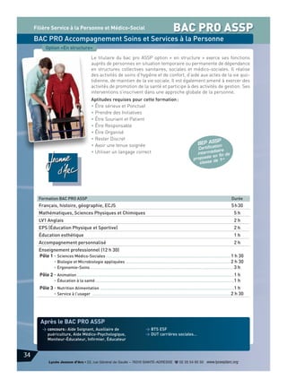 Filière Service à la Personne et Médico-Social

BAC PRO ASSP

BAC PRO Accompagnement Soins et Services à la Personne
Option «En structure»
Le titulaire du bac pro ASSP option « en structure » exerce ses fonctions
auprès de personnes en situation temporaire ou permanente de dépendance
en structures collectives sanitaires, sociales et médico-sociales. Il réalise
des activités de soins d’hygiène et de confort, d’aide aux actes de la vie quotidienne, de maintien de la vie sociale. Il est également amené à exercer des
activités de promotion de la santé et participe à des activités de gestion. Ses
interventions s’inscrivent dans une approche globale de la personne.
Aptitudes requises pour cette formation :
• Être sérieux et Ponctuel
• Prendre des Initiatives
• Être Souriant et Patient
• Être Responsable
• Être Organisé
• Rester Discret
• Avoir une tenue soignée
• Utiliser un langage correct

SP
B EP A S on

ti
Certifica ire
dia
intermé fin de
e en
proposé de 1re
classe

Formation BAC PRO ASSP

Durée

Français, histoire, géographie, ECJS

5 h 30

Mathématiques, Sciences Physiques et Chimiques

5h

LV1 Anglais

2h

EPS (Éducation Physique et Sportive)

2h

Éducation esthétique

1h

Accompagnement personnalisé

2h

Enseignement professionnel (12 h 30)
Pôle 1 • Sciences Médico-Sociales ............................................................................................................1 h 30
• Biologie et Microbiologie appliquées ...........................................................................................2 h 30
• Ergonomie-Soins.............................................................................................................................3 h
Pôle 2 • Animation ........................................................................................................................................1 h
• Éducation à la santé ........................................................................................................................1 h
Pôle 3 • Nutrition Alimentation ....................................................................................................................1 h
• Service à l’usager ........................................................................................................................2 h 30

Après le BAC PRO ASSP
> concours : Aide Soignant, Auxiliaire de
puériculture, Aide Médico-Psychologique,
Moniteur-Éducateur, Infirmier, Éducateur

> BTS ESF
> DUT carrières sociales…

34
Lycée Jeanne d’Arc • 22, rue Général de Gaulle – 76310 SAINTE-ADRESSE d 02 35 54 65 50 www.lyceejdarc.org

 