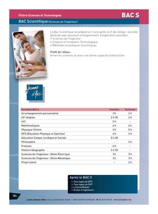 BAC S

Filière Sciences et Technologies

BAC Scientifique (Sciences de l’Ingénieur)
Le Bac Scientifique se prépare en 3 ans après la 3e de collège : seconde
générale avec plusieurs enseignements d’exploration possibles :
• Sciences de l’Ingénieur
• Création et Innovation Technologique
• Méthodes et pratiques Scientifiques
Profil de l’élève :
Aimer les sciences et avoir une bonne capacité d’abstraction

Formation BAC S

Première

2h

LV1 Anglais

2h

2 h 30

Accompagnement personnalisé

Terminale

2h

LV2

2h

-

Mathématiques

4h

6h

Physique-Chimie

3h

5h

EPS (Éducation Physique et Sportive)

2h

2h

Education Civique Juridique et Sociale

0 h 30

Philosophie

-

Français

3h

4h

-

2 h 30

Histoire Géographie

-

Sciences de l’Ingénieur : Génie Électrique

3h

3h

Sciences de l’Ingénieur : Génie Mécanique

3h

3h

-

2h

Projet tutoré

Après le BAC S
> Tous types de BTS
> Tous types de DUT
> Licence/Master
> Écoles d’ingénieurs

46
Lycée Jeanne d’Arc • 22, rue Général de Gaulle – 76310 SAINTE-ADRESSE d 02 35 54 65 50 www.lyceejdarc.org

 