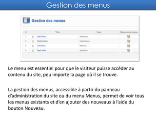 Qu’est-ce que Joomla?Joomla! est un système de gestion de contenu (en anglais CMS pour Content Management System) Open Source et gratuit. Il est écrit en PHP et utilise une base de données MySQL.Source : WikipediaJoomla! permet de gérer tout le contenu de son site à partir d’un panneau d’administration : templates, articles, catégories, section, menus de navigation, etc. Il possède également plusieurs fonctionnalités permettant d’ajouter des options supplémentaires au site qu’on appelle module et composant.  Par exemple un moteur de recherche ou une galerie photos.