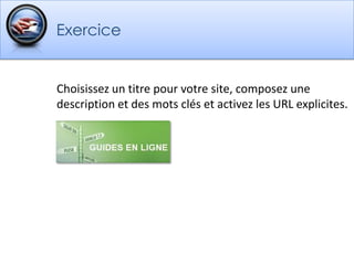 Création de nouveaux menusLors de l’ajout d’un nouveau menu, quatre champs sont à remplir : Nom du menu, un nom unique (qui peut être identique au nom du menu mais qui ne doit pas être utilisé par un autre menu du site), la description du menu (facultative) et le nom du module. Le module servira à ajouter le menu sur le site, si aucun nom ne lui est donné, il ne sera pas créé et devra être fait manuellement plus tard.