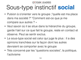 Sous-type instinctif social
164
• Pulsion à s'orienter vers le groupe ;"quelle est ma place
dans ma société ?" "Comment es...