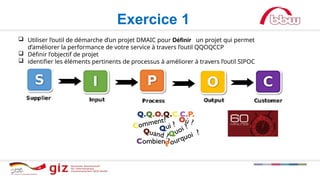  Utiliser l’outil de démarche d’un projet DMAIC pour Définir un projet qui permet
d’améliorer la performance de votre service à travers l’outil QQOQCCP
 Définir l’objectif de projet
 identifier les éléments pertinents de processus à améliorer à travers l’outil SIPOC
Exercice 1
 