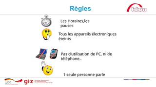 Pas d’utilisation de PC, ni de
téléphone..
1 seule personne parle
Tous les appareils électroniques
éteints
Les Horaires,les
pauses
 