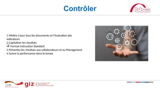 Contrôler
1.Mettre à jour tous les documents et l'évaluation des
indicateurs
2.Capitaliser les résultats
 Format Instruction Standard
3.Présentez les résultats aux collaborateurs et au Management
4.Suivre la performance dans le temps
 