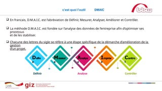 Defin
e
Measur
e
Analys
e
Improv
e
Contro
l
Définir Analyse Contrôler
c’est quoi l’outil DMAIC
 En francais, D.M.A.I.C. est l’abréviation de Définir, Mesurer, Analyser, Améliorer et Contrôler.
 La méthode D.M.A.I.C. est fondée sur l’analyse des données de l’entreprise afin d’optimiser ses
processus
et de les stabiliser.
 Chacune des lettres du sigle se réfère à une étape spécifique de la démarche d’amélioration de la
gestion
d’un projet.
 