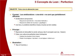Page 16
5 Concepts du Lean : Perfection
 Constat : Les améliorations « one-shot » ne sont que partiellement
efficaces
 Améliorations temporaires
 Risques de reprendre les « mauvaises habitudes »
 Risques de création de nouveaux « gaspillages »
 Une fois un problème identifié et résolu d’autres se font visibles
 Principe :
 Reprendre et retravailler le cercle vertueux des 5 concepts Lean (ex : Kaizen)
 Créer une culture de perfection dans l’entreprise
 Impliquer les équipes à tous niveaux
 Passer d’une logique « top-down » à une logique « bottom-up »
 Illustration :
 ‘Sea of Inventory »
OBJECTIF : Faire vivre la démarche Lean
 
