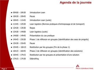 Page 3
Agenda de la journée
 09h00 - 10h30 Introduction Lean
 10h30 - 10h45 Pause
 10h45 - 11h45 Introduction Lean (suite)
 11h45 - 12h30 Lean logistics (Bonnes pratiques d'entreposage et de transport)
 12h30 - 13h30 Repas
 13h30 - 14h00 Lean logistics (suite)
 14h00 - 14h45 Présentation du cas pratique
 14h45 - 15h30 Phase 1 de réflexion en groupes (identification des axes de progrès)
 15h30 - 15h45 Pause
 15h45 – 16h15 Restitution par les groupes (Fin de la phase 1)
 16h15 - 16h45 Phase 2 de réflexion en groupes (identification des solutions)
 16h45 - 17h15 Restitution par les groupes et présentation d'une solution
 17h15 - 17h30 Débriefing
 