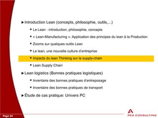Page 54
 Introduction Lean (concepts, philosophie, outils,...)
 Le Lean : introduction, philosophie, concepts
 « Lean-Manufacturing »: Application des principes du lean à la Production
 Zooms sur quelques outils Lean
 Le lean, une nouvelle culture d’entreprise
 Impacts du lean Thinking sur la supply-chain
 Lean Supply Chain
 Lean logistics (Bonnes pratiques logistiques)
 Inventaire des bonnes pratiques d’entreposage
 Inventaire des bonnes pratiques de transport
 Étude de cas pratique: Univers PC
 