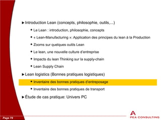 Page 79
 Introduction Lean (concepts, philosophie, outils,...)
 Le Lean : introduction, philosophie, concepts
 « Lean-Manufacturing »: Application des principes du lean à la Production
 Zooms sur quelques outils Lean
 Le lean, une nouvelle culture d’entreprise
 Impacts du lean Thinking sur la supply-chain
 Lean Supply Chain
 Lean logistics (Bonnes pratiques logistiques)
 Inventaire des bonnes pratiques d’entreposage
 Inventaire des bonnes pratiques de transport
 Étude de cas pratique: Univers PC
 