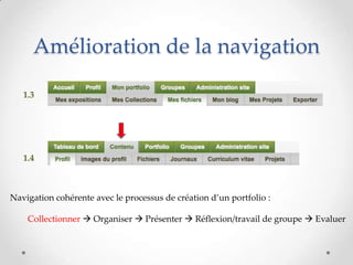 Amélioration de la navigation

   1.3




   1.4



Navigation cohérente avec le processus de création d’un portfolio :

    Collectionner  Organiser  Présenter  Réflexion/travail de groupe  Evaluer
 