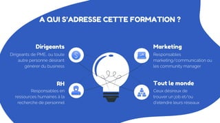 A QUI S’ADRESSE CETTE FORMATION ?
Responsables en
ressources humaines à la
recherche de personnel
Responsables
marketing/communication ou
les community manager
Dirigeants de PME, ou toute
autre personne désirant
générer du business
RH
Marketing
Dirigeants
Ceux désireux de
trouver un job et/ou
d’etendre leurs réseaux
Tout le monde
 