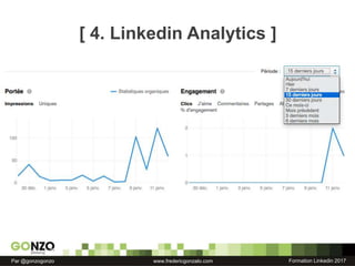 Formation Linkedin 2017Par @gonzogonzo www.fredericgonzalo.com
[ 4. Linkedin Analytics ]
 