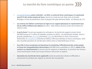 Le marché du livre numérique en panne


   •     Le marché français peine à décoller : en 2011, la vente de livres numériques n'a représenté
         que 0,5 % des ventes totales de livres. Hormis en Corée du Sud, États-Unis et Grande-
         Bretagne, le taux de pénétration dans la plupart des pays demeure faible : en dessous de 1 %.

   •     Les revenus de l’édition numérique (en ligne et sur support physique) ne représentent que
         2% du chiffre d’affaires des éditeurs en 2011 : 56,8 millions d’euros contre 52,9 millions en
         2010 (+7,2%).

   •     A qui la faute ? Le prix qui exaspère les utilisateurs, le marché de supports encore étroit
         (92.000 liseuses et 1 million de tablettes vendues en 2011), une distribution éclatée entre 3
         grandes plateformes, Numilog (Hachette), Eden (La Martinière-Le Seuil, Flammarion,
         Gallimard), et E-Plateforme (Interforum Editis), l’offre peu étendue en livres numériques (1/5e
         des nouvelles parutions et 1/3 des best-sellers) voire un désintérêt pour le livre…

   •     Aux USA, le livre numérique est boosté par le marketing, l’effondrement des ventes papier
         et l’essor de l’autopublication électronique (250.000 livres autoédités en 2011), même si l’on
         assiste à un ralentissement (à mesure que les supports se répandent, ils touchent des lecteurs
         moins boulimiques tandis que les gros lecteurs retournent au papier).

   •     Saturation du marché des livres applicatifs (coûts de production élevés et difficultés à
         promouvoir les produits par rapport au volume des nouveautés)


Source : lafeuille.blog.lemonde.fr
 