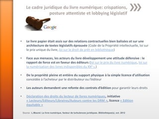 Le cadre juridique du livre numérique: crispations,
                   posture attentiste et lobbying législatif




•      Le livre papier était assis sur des relations contractuelles bien balisées et sur une
       architecture de textes législatifs éprouvée (Code de la Propriété intellectuelle, loi sur
       le prix unique du livre, loi sur le droit de prêt en bibliothèque)

•      Face aux menaces, les acteurs du livre développement une attitude défensive : le
       rapport de force est en faveur des éditeurs (loi sur le prix du livre numérique, loi sur
       la numérisation des livres indisponibles du XXe s.)

•      De la propriété pleine et entière du support physique à la simple licence d’utilisation
       concédée à l’acheteur par le distributeur ou l’éditeur

•      Les auteurs demandent une refonte des contrats d’édition pour garantir leurs droits

•      Déclaration des droits du lecteur de livres numériques, initiative
       « Lecteurs/Editeurs/Libraires/Auteurs contre les DRM », licence « Edition
       équitable »

    Source : L.Maurel. Le livre numérique, facteur de turbulences juridiques. Bibliothèque(s), oct. 2012
 