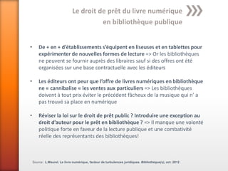 Le droit de prêt du livre numérique
                                         en bibliothèque publique


•       De + en + d’établissements s’équipent en liseuses et en tablettes pour
        expérimenter de nouvelles formes de lecture => Or les bibliothèques
        ne peuvent se fournir auprès des libraires sauf si des offres ont été
        organisées sur une base contractuelle avec les éditeurs

•       Les éditeurs ont peur que l’offre de livres numériques en bibliothèque
        ne « cannibalise « les ventes aux particuliers => Les bibliothèques
        doivent à tout prix éviter le précédent fâcheux de la musique qui n’ a
        pas trouvé sa place en numérique

•       Réviser la loi sur le droit de prêt public ? Introduire une exception au
        droit d’auteur pour le prêt en bibliothèque ? => Il manque une volonté
        politique forte en faveur de la lecture publique et une combativité
        réelle des représentants des bibliothèques!



    Source : L.Maurel. Le livre numérique, facteur de turbulences juridiques. Bibliothèque(s), oct. 2012
 