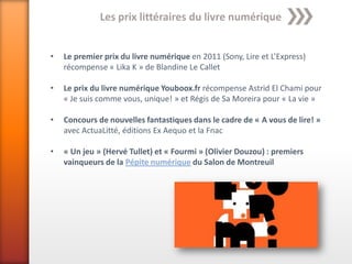 Les prix littéraires du livre numérique


•   Le premier prix du livre numérique en 2011 (Sony, Lire et L’Express)
    récompense « Lika K » de Blandine Le Callet

•   Le prix du livre numérique Youboox.fr récompense Astrid El Chami pour
    « Je suis comme vous, unique! » et Régis de Sa Moreira pour « La vie »

•   Concours de nouvelles fantastiques dans le cadre de « A vous de lire! »
    avec ActuaLitté, éditions Ex Aequo et la Fnac

•   « Un jeu » (Hervé Tullet) et « Fourmi » (Olivier Douzou) : premiers
    vainqueurs de la Pépite numérique du Salon de Montreuil
 