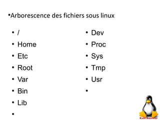 ●
Arborescence des fichiers sous linux
●
/
●
Home
●
Etc
●
Root
●
Var
●
Bin
●
Lib
●
●
Dev
●
Proc
●
Sys
●
Tmp
●
Usr
●
 