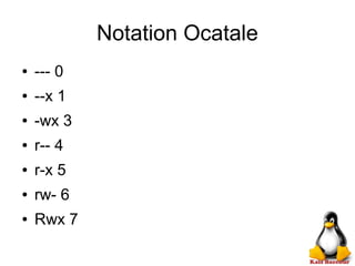 Notation Ocatale
● --- 0
● --x 1
● -wx 3
● r-- 4
● r-x 5
● rw- 6
● Rwx 7
 