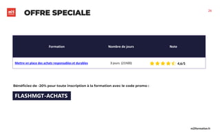 m2iformation.fr
Formation Nombre de jours Note
Mettre en place des achats responsables et durables 3 jours (21h00)
OFFRE SPECIALE 26
Bénéficiez de -20% pour toute inscription à la formation avec le code promo :
FLASHMGT-ACHATS
 