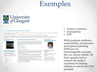 Exemples


      • Graduate Attributes
      • Employability
      • PDP

      While graduate attributes,
      employability and personal
      development planning
      (PDP) are not
      interchangeable concepts,
      they are closely related. All
      three agendas seek to
      enhance the student
      experience by helping
      students to unlock their full
      potential
 