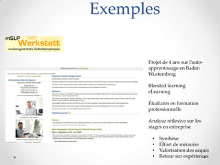 Exemples


      Projet de 4 ans sur l’auto-
      apprentissage en Baden
      Wurtemberg

      Blended learning
      eLearning

      Étudiants en formation
      professionnelle

      Analyse réflexive sur les
      stages en entreprise

        •   Synthèse
        •   Effort de mémoire
        •   Valorisation des acquis
        •   Retour sur expériences
 