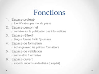 Fonctions
1. Espace protégé
   o Identification par mot de passe
2. Espace personnel
   o contrôle sur la publication des informations
3. Espace réflexif
   o blogs / forums / wiki / journaux
4. Espace de formation
   o échange avec les paires / formateurs
5. Espace de validation
   o sommative / formative
6. Espace ouvert
   o export / import standardisés (Leap2A)
 