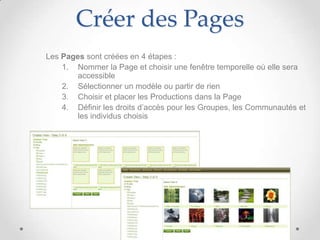 Créer des Pages
Les Pages sont créées en 4 étapes :
    1. Nommer la Page et choisir une fenêtre temporelle où elle sera
        accessible
    2. Sélectionner un modèle ou partir de rien
    3. Choisir et placer les Productions dans la Page
    4. Définir les droits d’accès pour les Groupes, les Communautés et
        les individus choisis
 