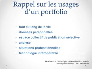 Rappel sur les usages
   d’un portfolio

• tout au long de la vie
• données personnelles
• espace collectif de publication sélective
• analyse
• situations professionnelles
• technologie interopérable. Il est multiculturel,
  transnational, et utilisable tout au long de la vie
                      De Rozario, P. (2005). Papier présenté lors de la journée
  »                                   Le Portfolio Numérique Dans La Formation
 