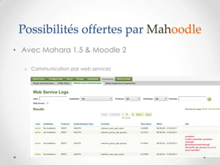 Possibilités offertes par Mahoodle
• Avec Mahara 1.5 & Moodle 2

  o Communication par web services
 