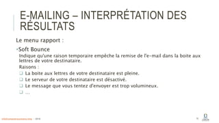 E-MAILING – INTERPRÉTATION DES
RÉSULTATS
Le menu rapport :
Soft Bounce
Indique qu'une raison temporaire empêche la remise de l'e-mail dans la boite aux
lettres de votre destinataire.
Raisons :
 La boite aux lettres de votre destinataire est pleine.
 Le serveur de votre destinataire est désactivé.
 Le message que vous tentez d'envoyer est trop volumineux.
 …
75info@computerassistance.help - 2016
 