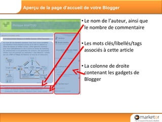 Le nom de l’auteur, ainsi que le nombre de commentaire Les mots clés/libellés/tags associés à cette article La colonne de droite contenant les gadgets de Blogger Aperçu de la page d’accueil de votre Blogger 
