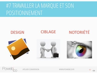 #7 TRAVAILLER LA MARQUE ET SON POSITIONNEMENT 
DESIGN 
CIBLAGE 
NOTORIÉTÉ  