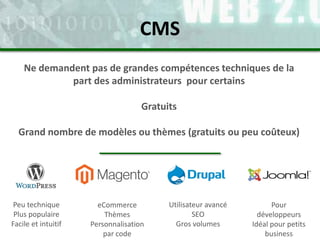 Ne demandent pas de grandes compétences techniques de la
part des administrateurs pour certains
Gratuits
Grand nombre de modèles ou thèmes (gratuits ou peu coûteux)
Peu technique
Plus populaire
Facile et intuitif
eCommerce
Thèmes
Personnalisation
par code
Utilisateur avancé
SEO
Gros volumes
Pour
développeurs
Idéal pour petits
business
CMS
 