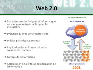  Connaissances techniques et informatique
ne sont plus indispensables pour les
utilisateurs
 Evolution du Web vers l'interactivité
 Médias puis réseaux sociaux
 Implication des utilisateurs dans la
création de contenus
 Partage de l’information
 Accélération de la vitesse de circulation de
l’information
Web 2.0
 