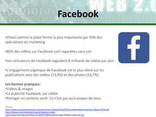 Facebook
•Choisi comme la plate-forme la plus importante par 55% des
spécialistes du marketing
•85% des vidéos sur Facebook sont regardées sans son
•Les utilisateurs de Facebook regardent 8 milliards de vidéos par jour
•L'engagement organique de Facebook est le plus élevé sur les
publications avec des vidéos (13,9%) et des photos (13,7%).
Les bonnes pratiques:
•Vidéos & images
•La publicité Facebook, car ciblée
•Partager un contenu varié. Ce n’est pas qu’à propos de vous
Sources:
https://www.socialmediaexaminer.com/wp-content/uploads/2016/05/SocialMediaMarketingIndustryReport2016.pdf
https://digiday.com/media/silent-world-facebook-video/
https://www.theverge.com/2015/11/4/9671708/facebook-videos-8-billion-views-per-day
 