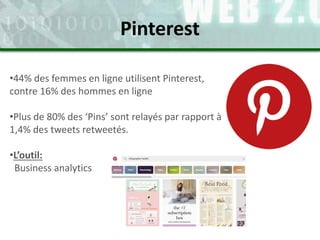 Pinterest
•44% des femmes en ligne utilisent Pinterest,
contre 16% des hommes en ligne
•Plus de 80% des ‘Pins’ sont relayés par rapport à
1,4% des tweets retweetés.
•L’outil:
Business analytics
 
