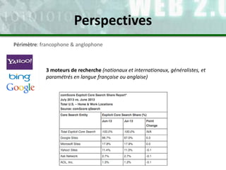 Périmètre: francophone & anglophone
3 moteurs de recherche (nationaux et internationaux, généralistes, et
paramétrés en langue française ou anglaise)
Perspectives
 