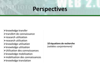 knowledge transfer
transfert de connaissance
research utilization
research utilisation
knowledge utilisation
knowledge utilization
Utilisation des connaissances
knowledge mobilization
mobilisation des connaissances
knowledge translation
10 équations de recherche
(validées conjointement)
Perspectives
 