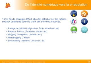De l’identité numérique vers la e-reputation Une fois la stratégie définit, elle doit sélectionner les médias sociaux pertinents parmi le choix des services proposés. Partage de médias (dailymotion, Flickr, slideshare, etc) Réseaux Sociaux (Facebook, Viadeo, etc) Blogging (Wordpress, Dotclear, etc.) MicroBlogging (Twitter) Bookmarking (Netvibes, Del.icio.us, etc) 